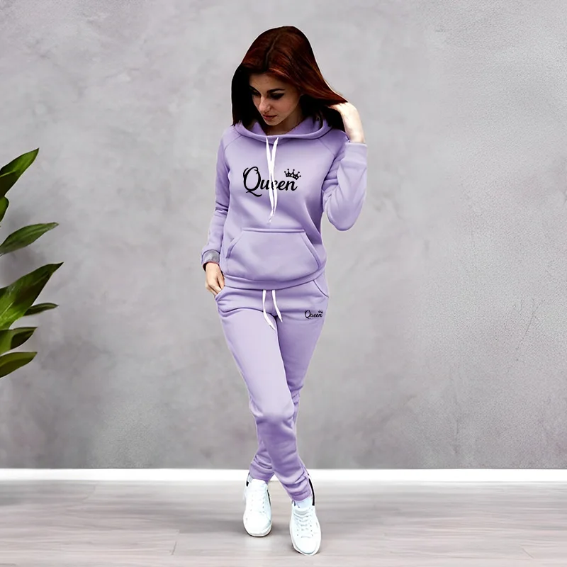 Women'S Fashion Sweatshirts - 여성 트랙수트 퀸 레터 프린팅 후드