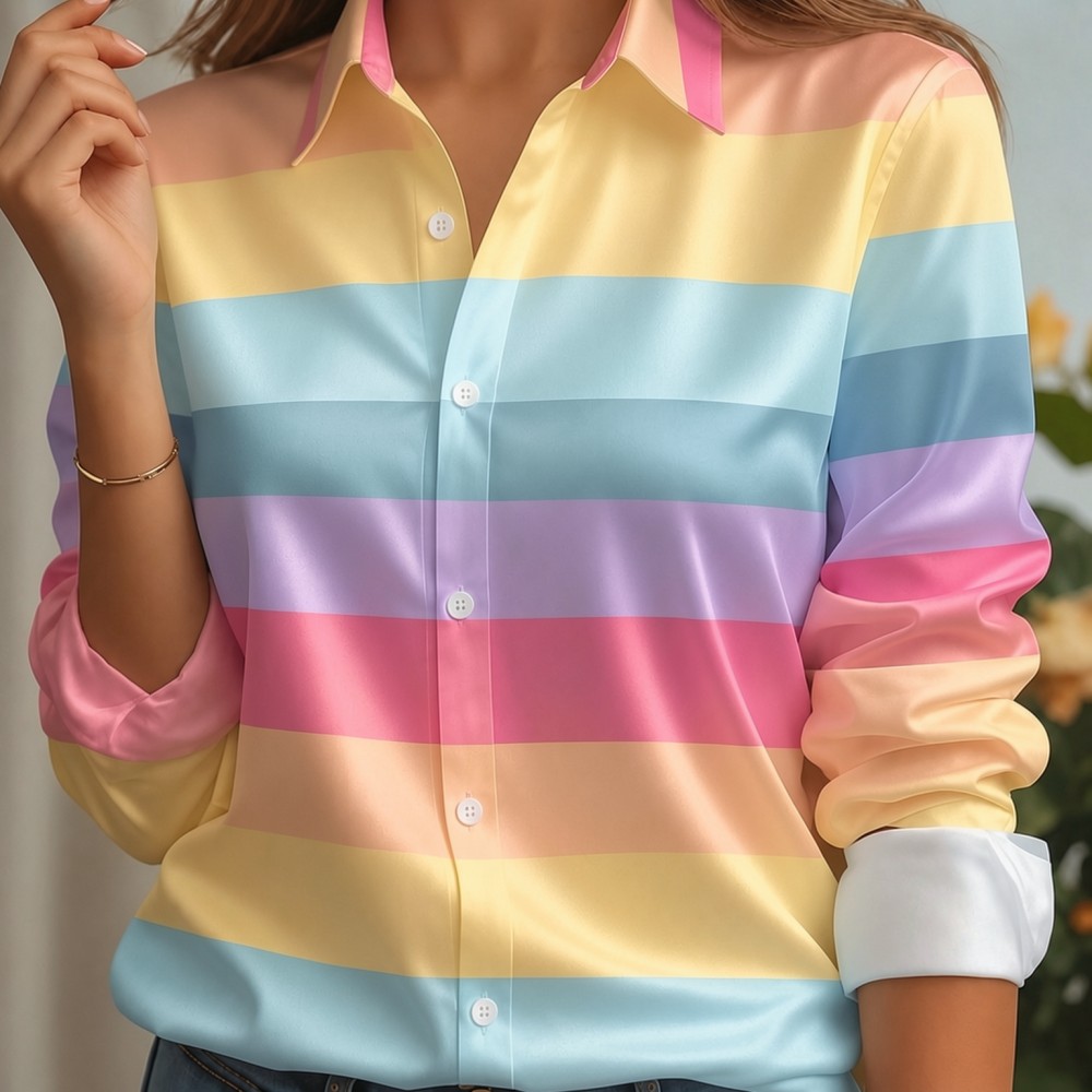Women Fashion Styles - 여성용 새틴 라펠 칼라 셔츠 파스텔
