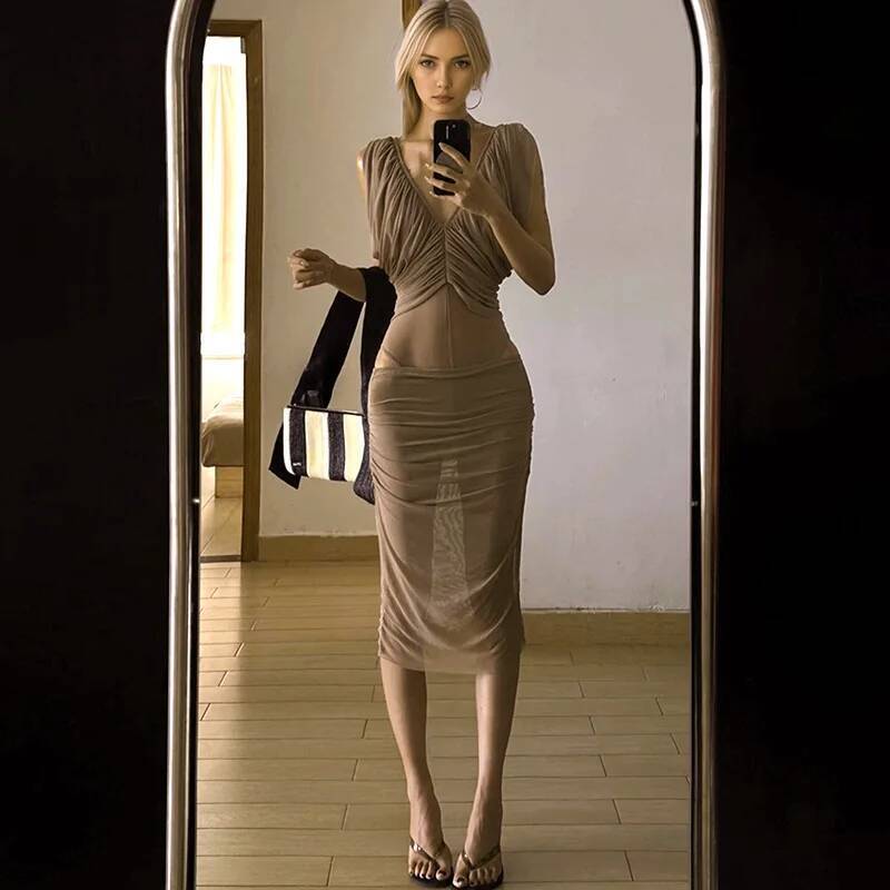 Ruched Dress Mini - 프렌치 시폰 드레스 여성 여름 슬림핏