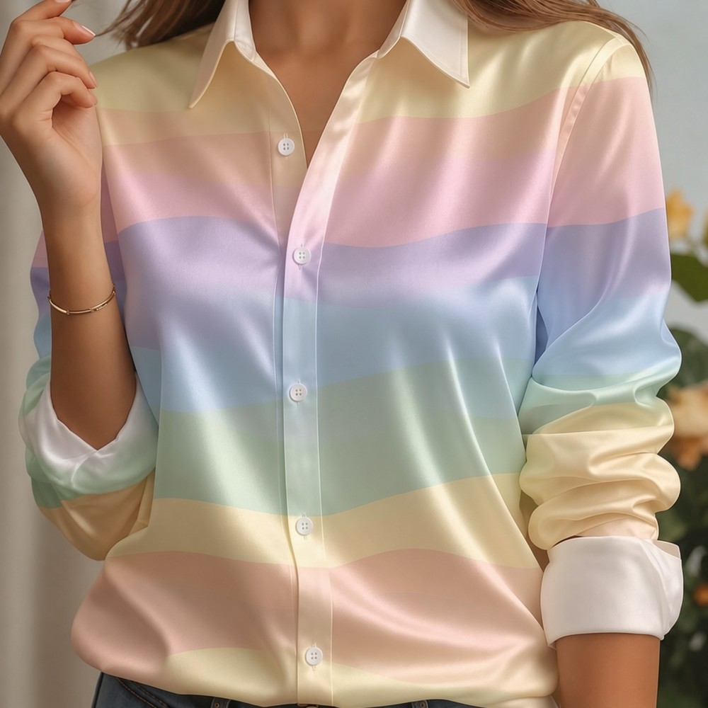 여성용 새틴 라펠 칼라 셔츠 파스텔 스트라이프 프린트  - Women Fashion Styles 리뷰 및 가격