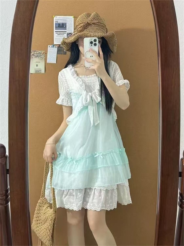 일본 카와이 스윗 큐트 투피스 세트 여성 숏 레이스 탑 - Ruched Dress Mini 리뷰 및 가격