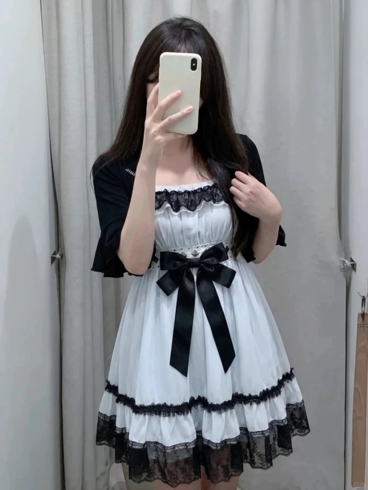 고딕 펑크 패션 귀여운 2피스 세트 여성 로리타 리본  - Ruched Dress Mini 리뷰 및 가격